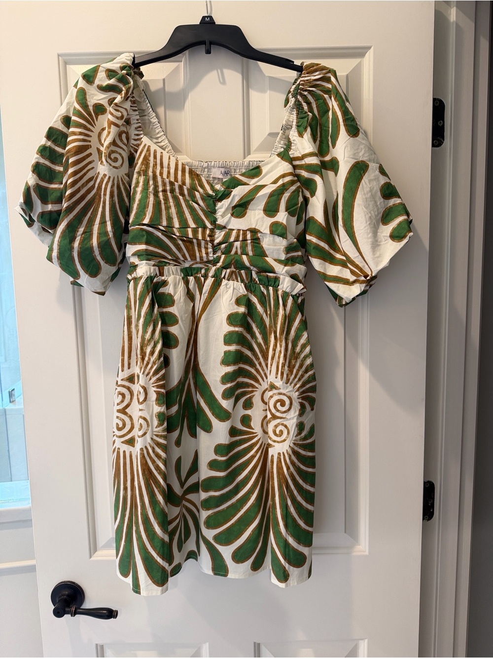 Green & Cream Floral Puff-Sleeve Mini Dress NWT
